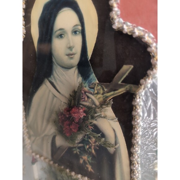 Antique Convex Glass Wall Picture St. Therese Of Lisieux 30's Mary Icon MCM - Picture 8 of 9